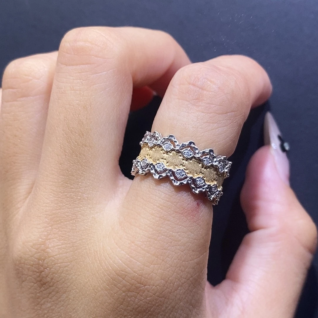 戒指/指环18K金镶嵌钻石黄白拉丝分色蕾丝戒指14