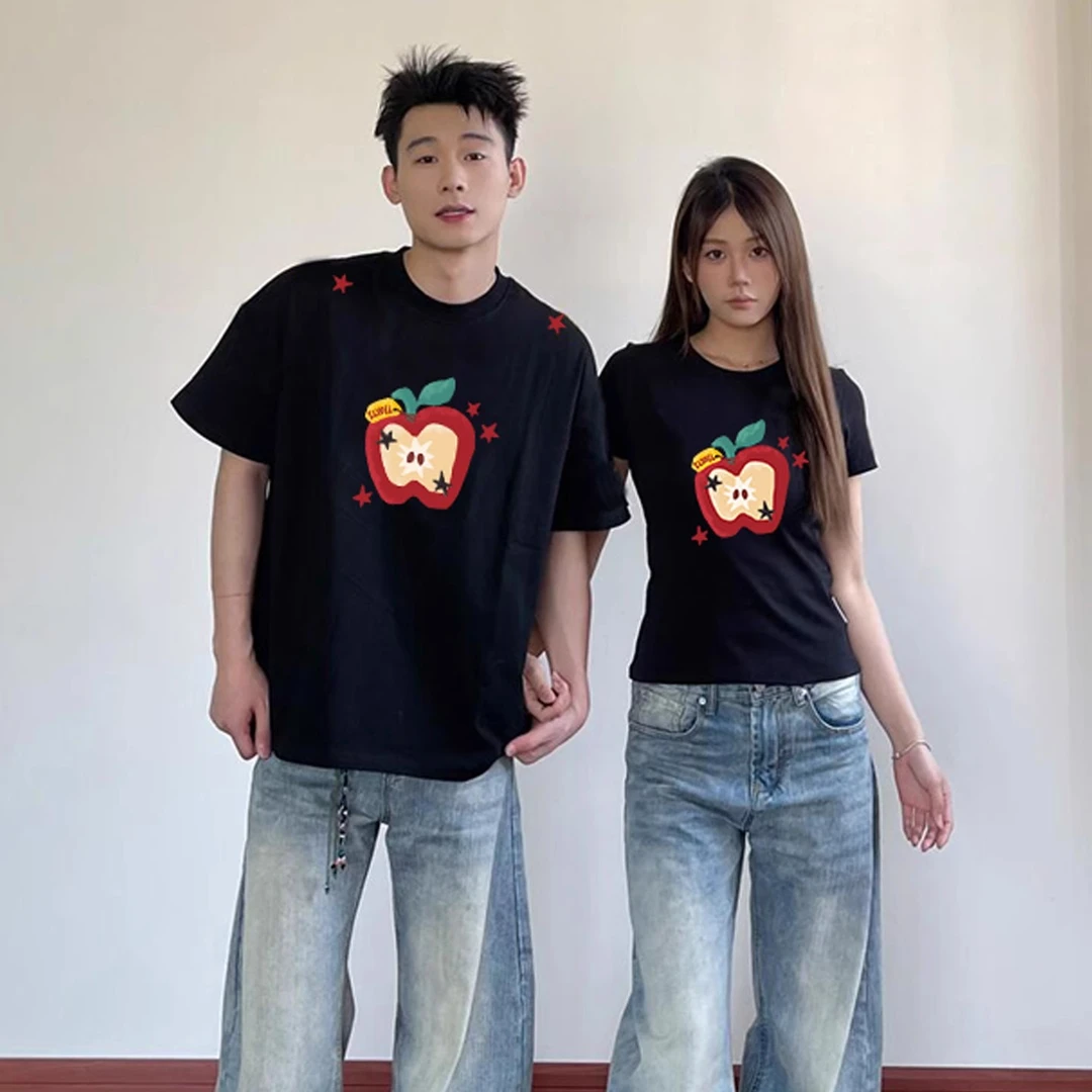 【两件装】正肩修身情侣装2025新款夏季纯棉宽松超火红苹果短袖t恤