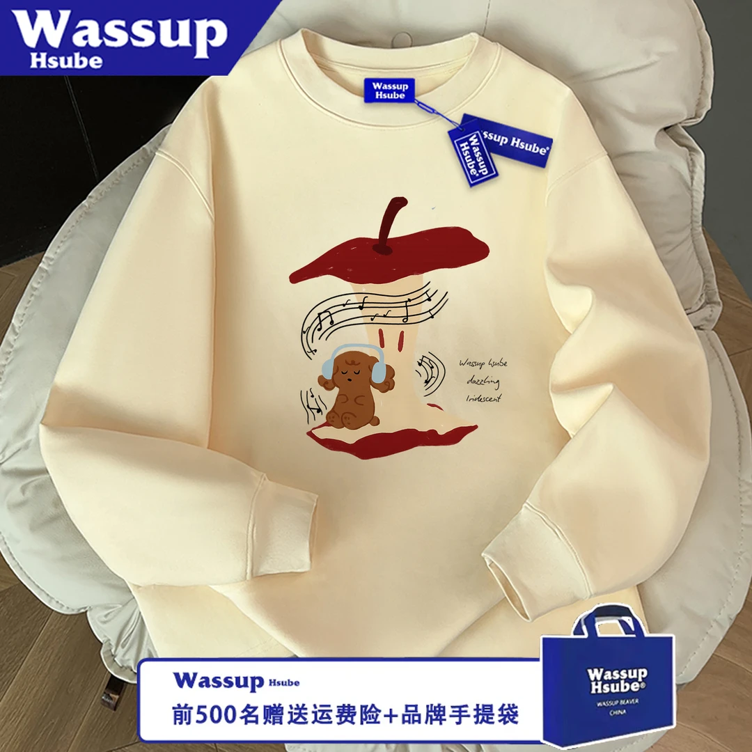 WASSUP HSUBE潮流美式百搭苹果狗狗长袖秋冬休闲宽松印花情侣上衣