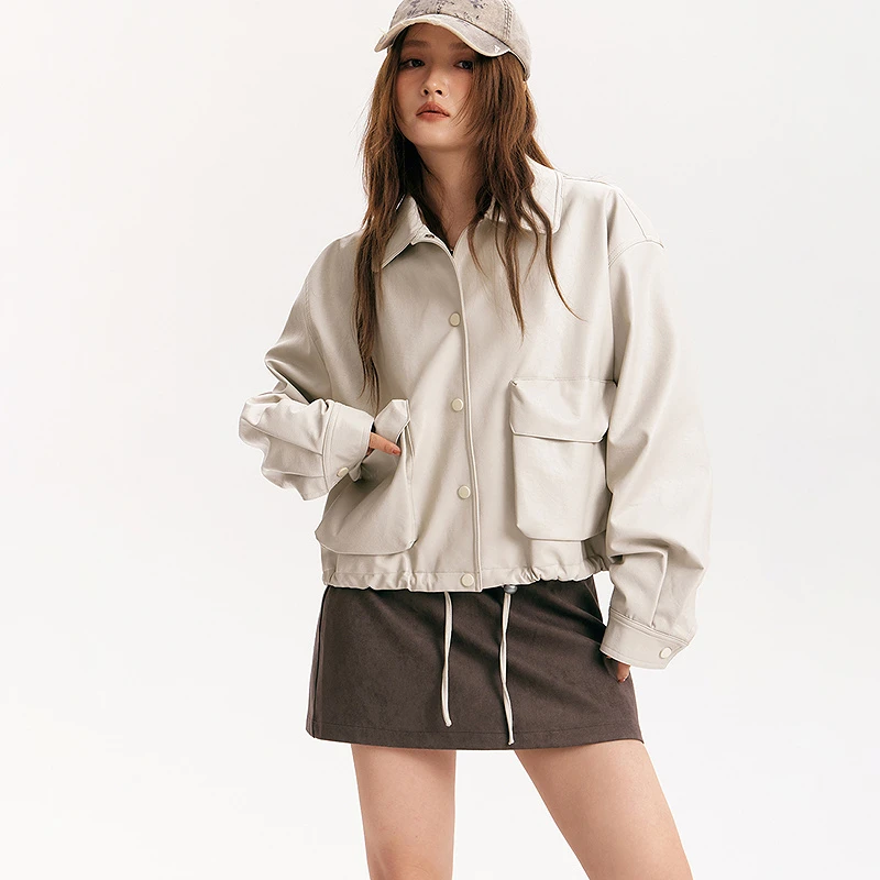 NO ONE ELSE美式复古宽松大口袋夹克外套纯色翻领PU仿皮衣