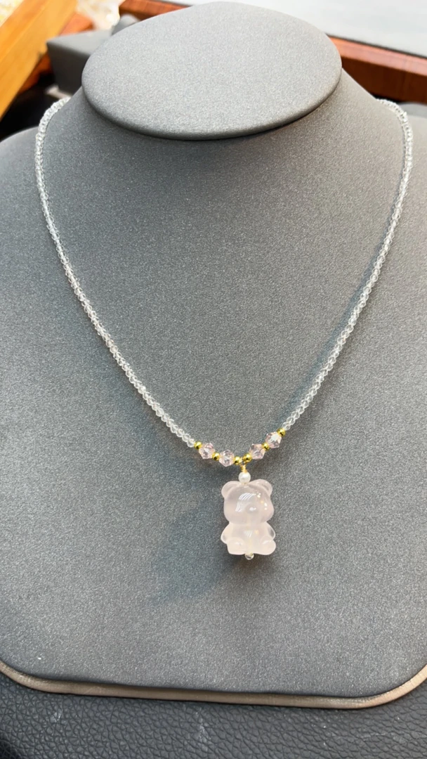 粉水晶暴力熊项链