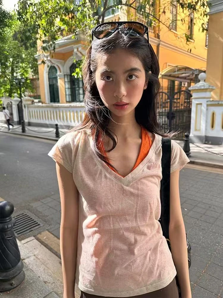 亚麻微透罩衫V领正肩短袖t恤女夏季辣妹修身挂脖吊带内搭背心上衣