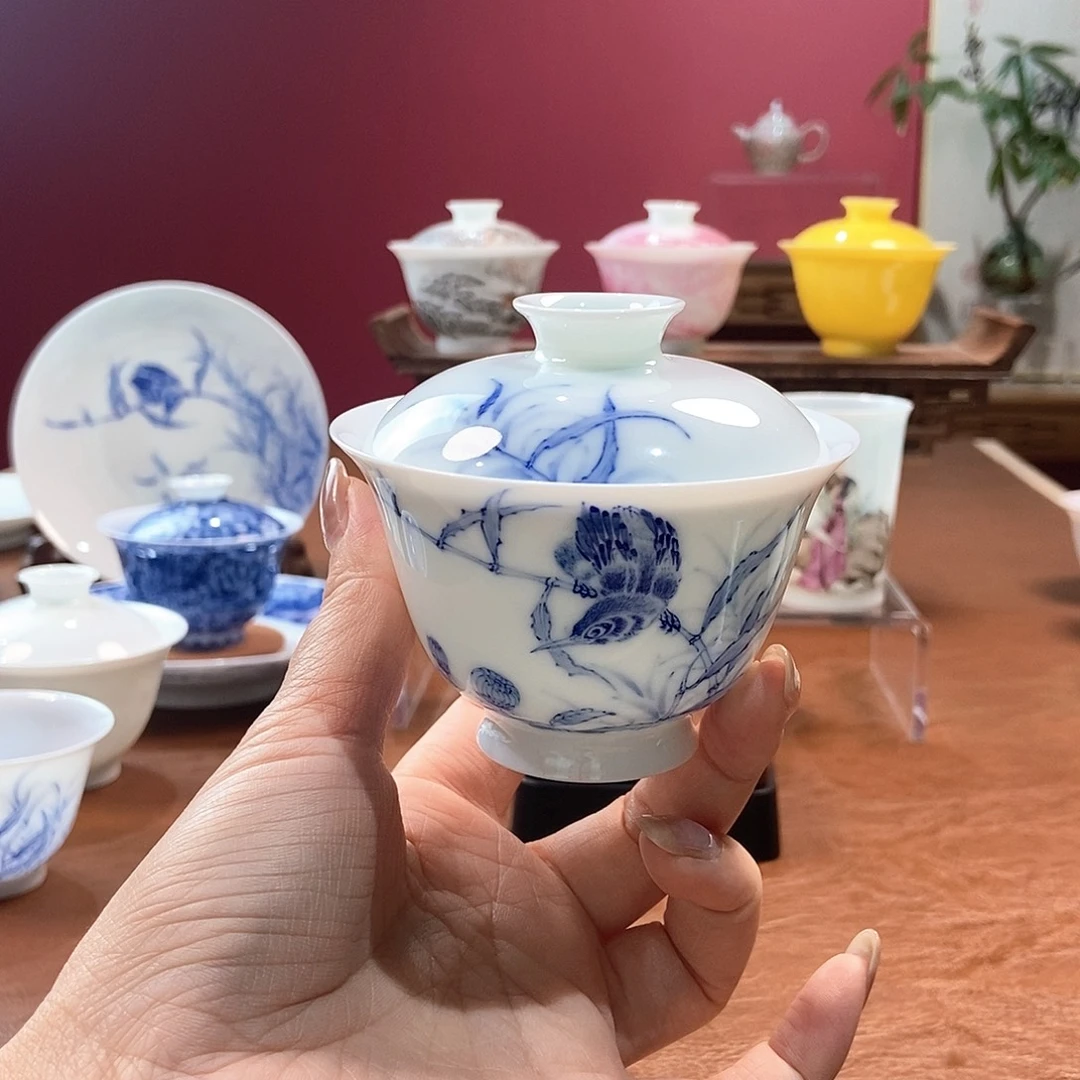 山月闲微瑕超薄胎脱胎瓷高温手工青花单翠盖碗