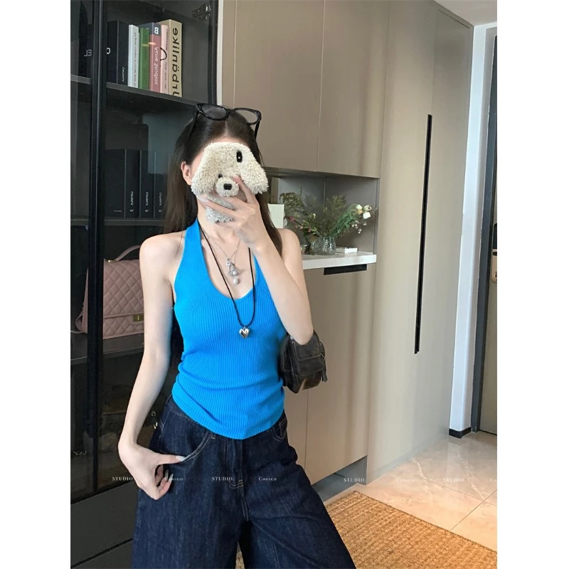 性感美背蓝色v领挂脖背心女夏季修身内搭辣妹风外穿短款针织上衣