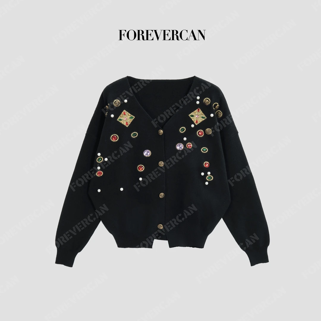 FOREVERCAN“中古奢旅”中古风重工镶钻宝石针织开衫外套MY10055