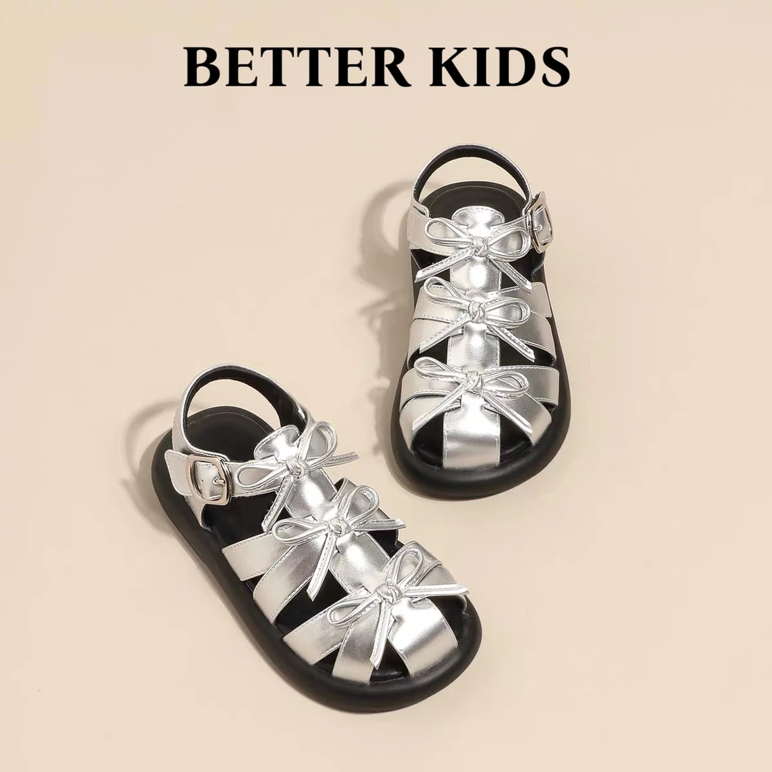 BETTER KIDS/女童凉鞋夏季2026休闲新儿童银色公主鞋包头软罗马鞋
