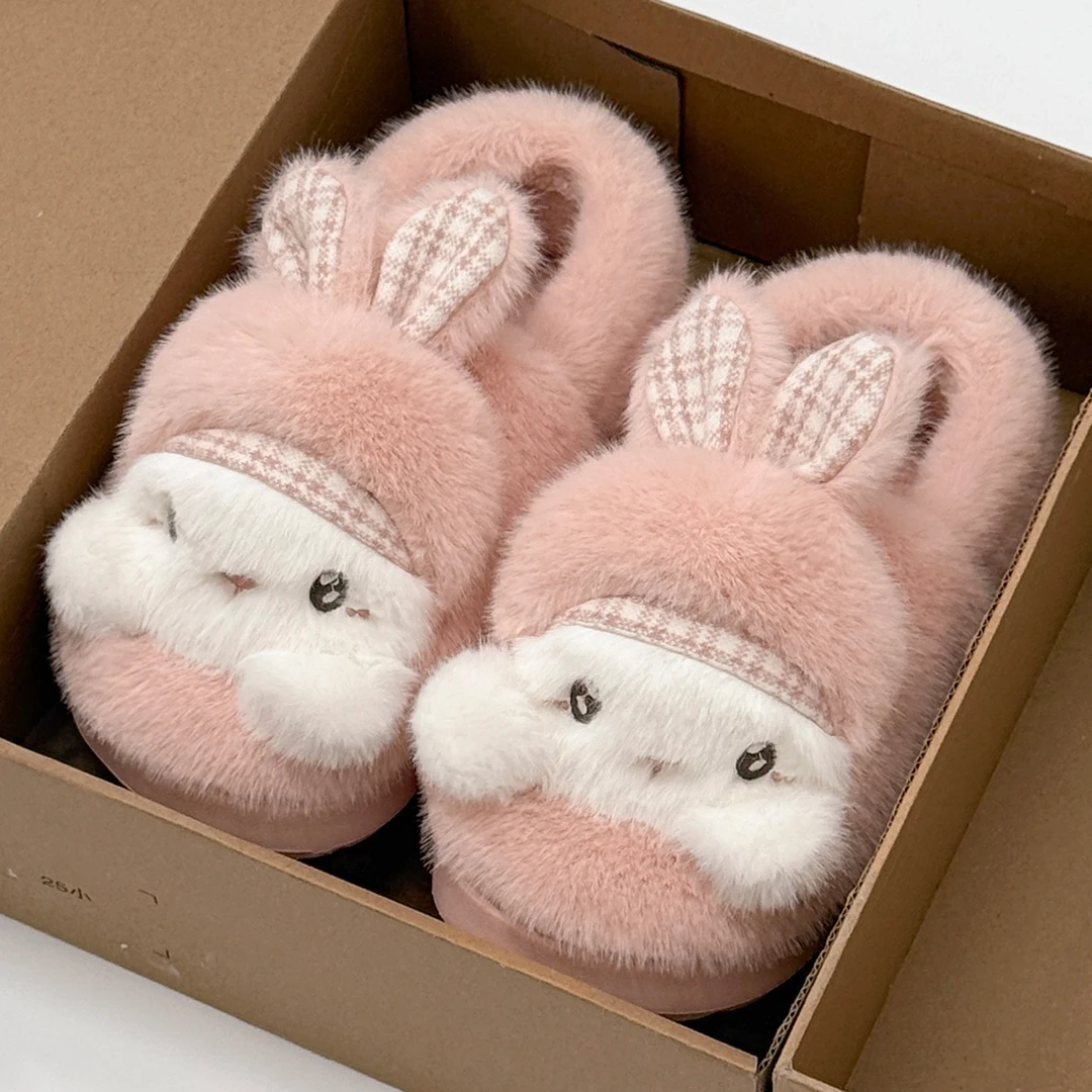 红豆可爱小兔子儿童棉拖鞋女童冬季新款加绒防滑保暖包跟亲子棉拖