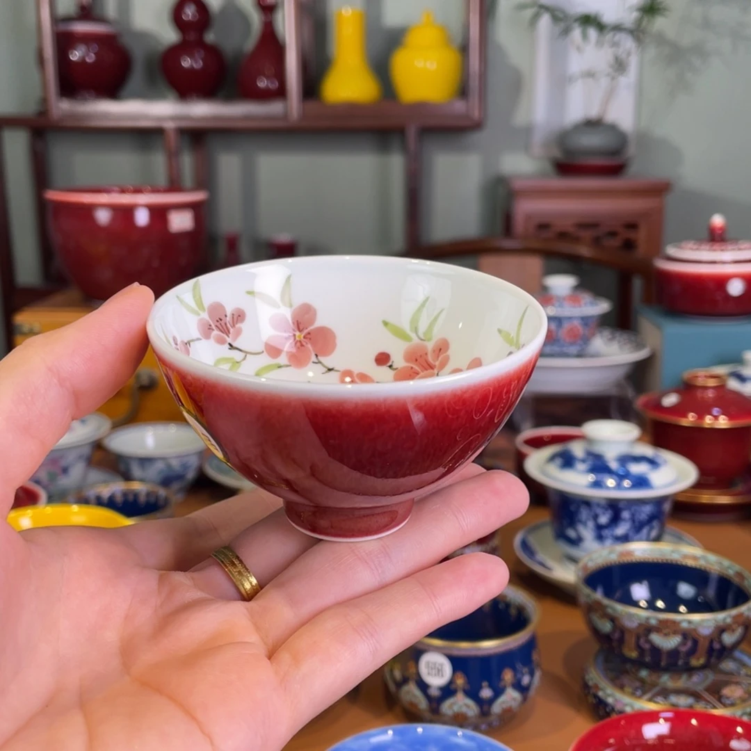 清欢雅玩原矿郎红精品桃花鸡心杯