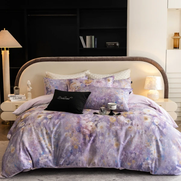 高支高密贡缎长绒棉数码印花四件套-莫奈紫