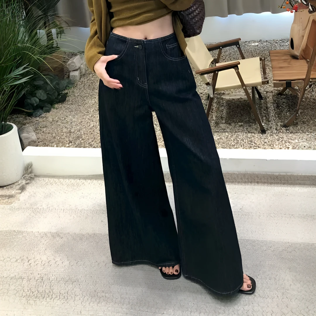 战神复古高级感墨蓝色大阔腿裤2025气质秋季新款复古棉牛仔裤裙裤