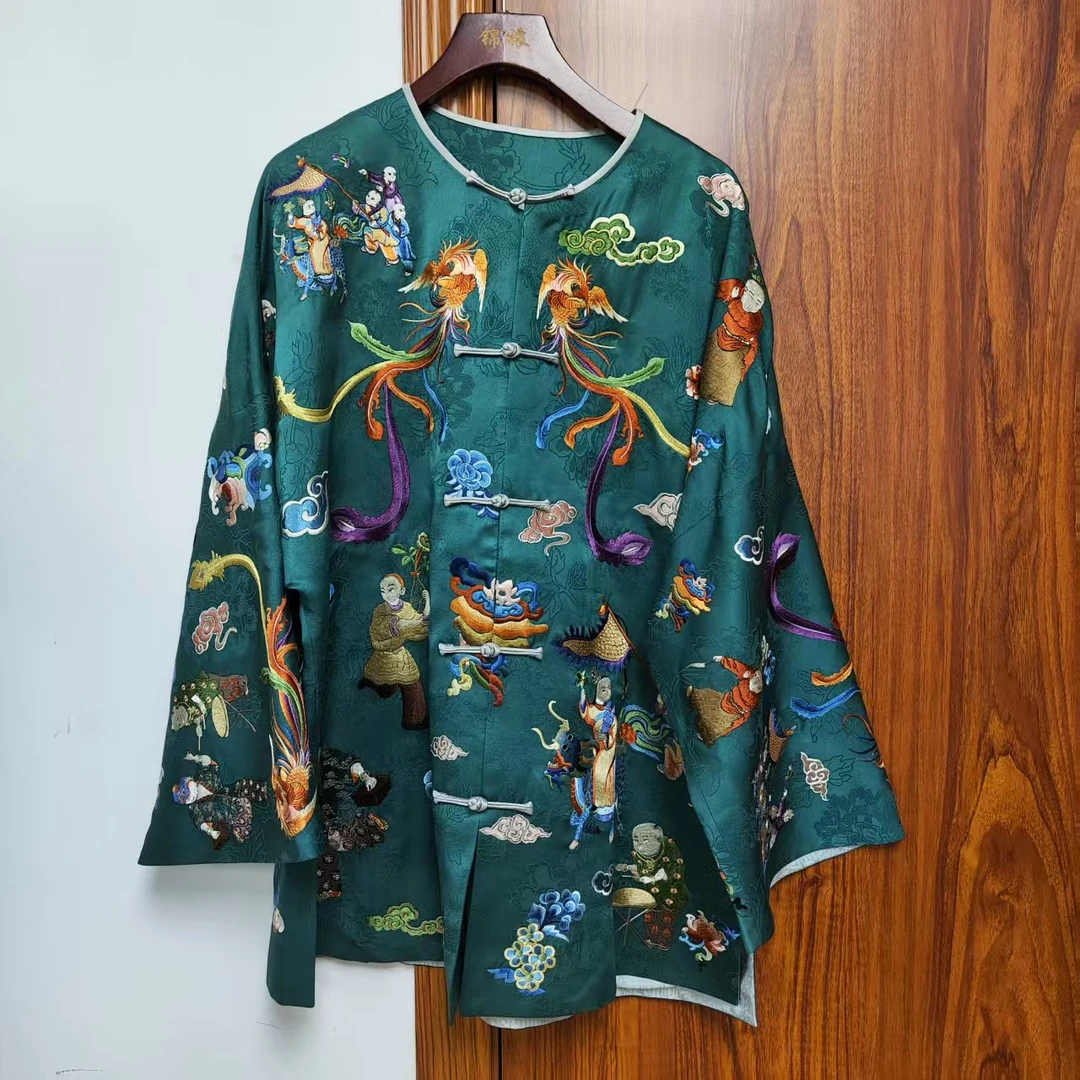 锦娘香云纱双凤和鸣蓝色短外套-J