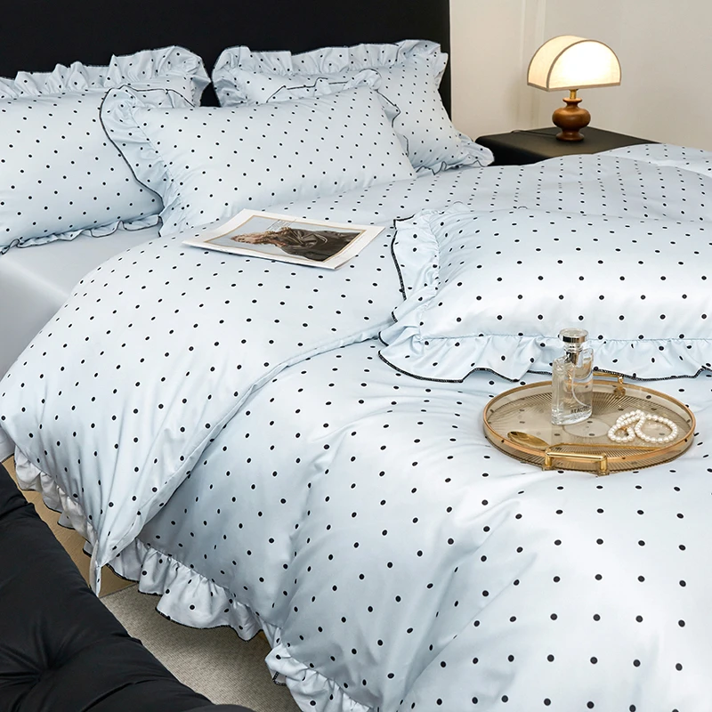 海盐波点蓝冰丝四件套夏季高级感水洗真丝被套床单宿舍床上三件套