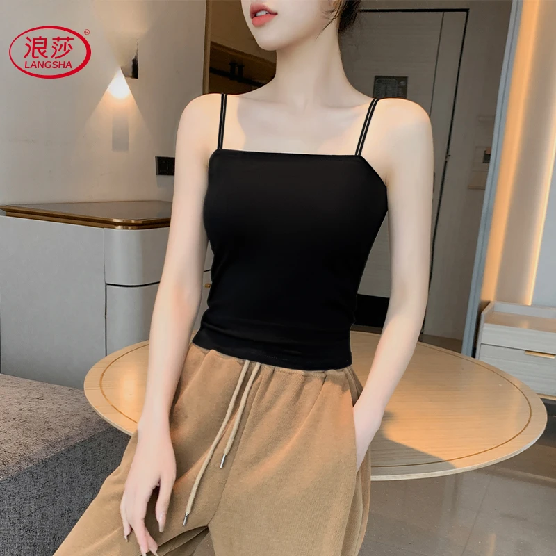 浪莎黑色纯棉背心内搭打底一字肩双细吊带女2025新款吊带美背外穿