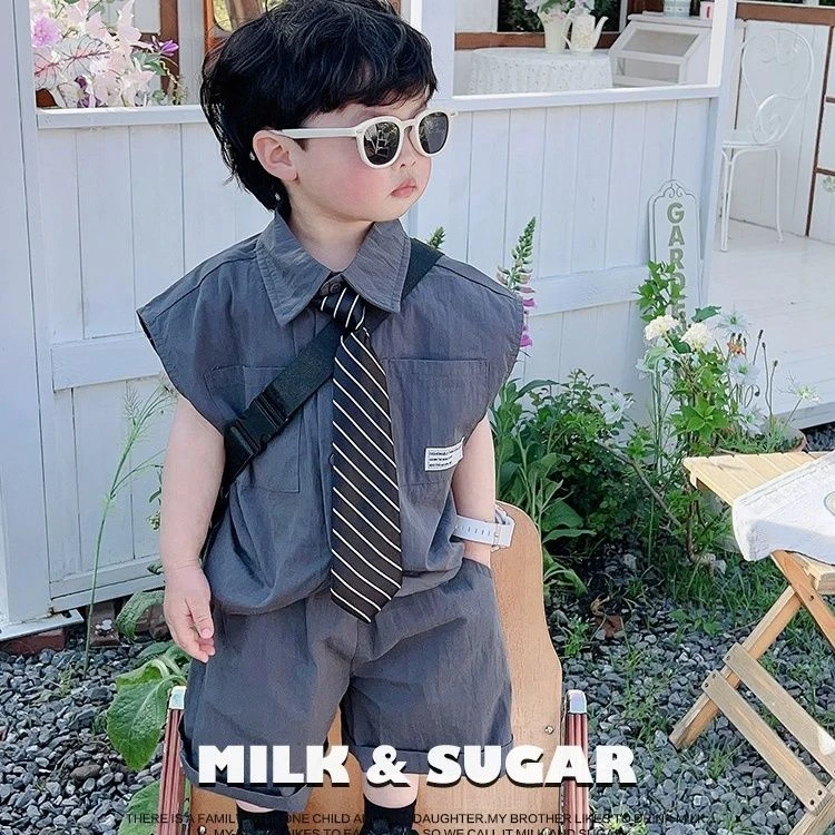 男童衬衫套装2025夏季新款帅气时髦宝宝无袖上衣酷酷工装两件套潮