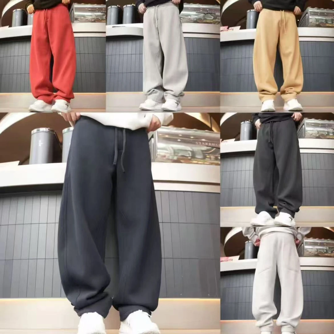 冬季奥粒绒重磅刺绣运动休闲宽松阔腿拖地裤直筒裤加大码男士长裤