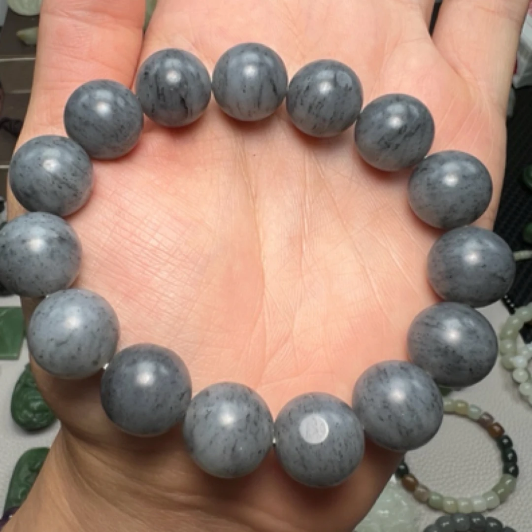 和田玉点墨青花圆珠单圈手串男女款14m'm
