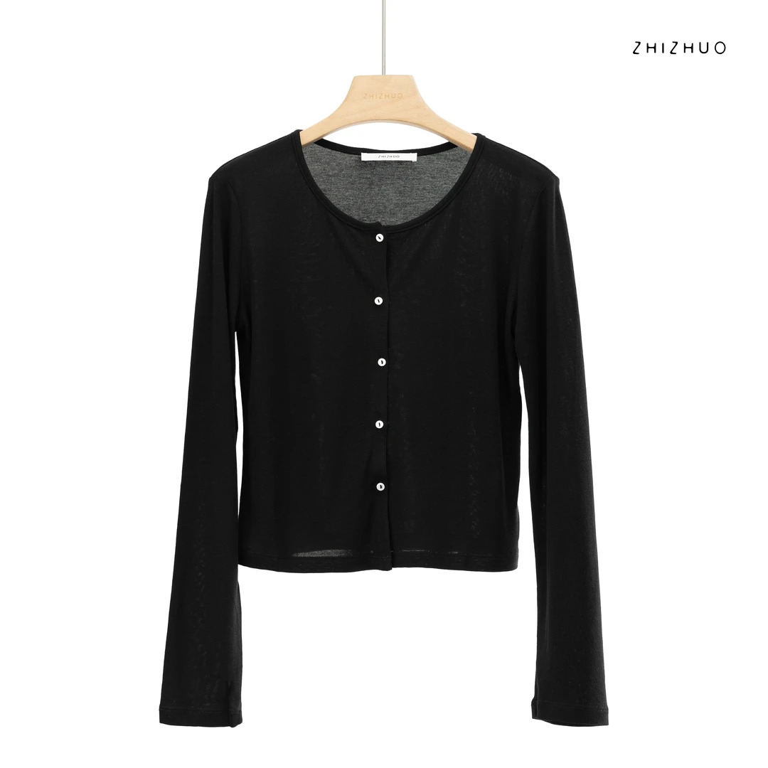 ZHIZHUO/橡树果实薄款小众极简圆领舒适针织长袖开衫