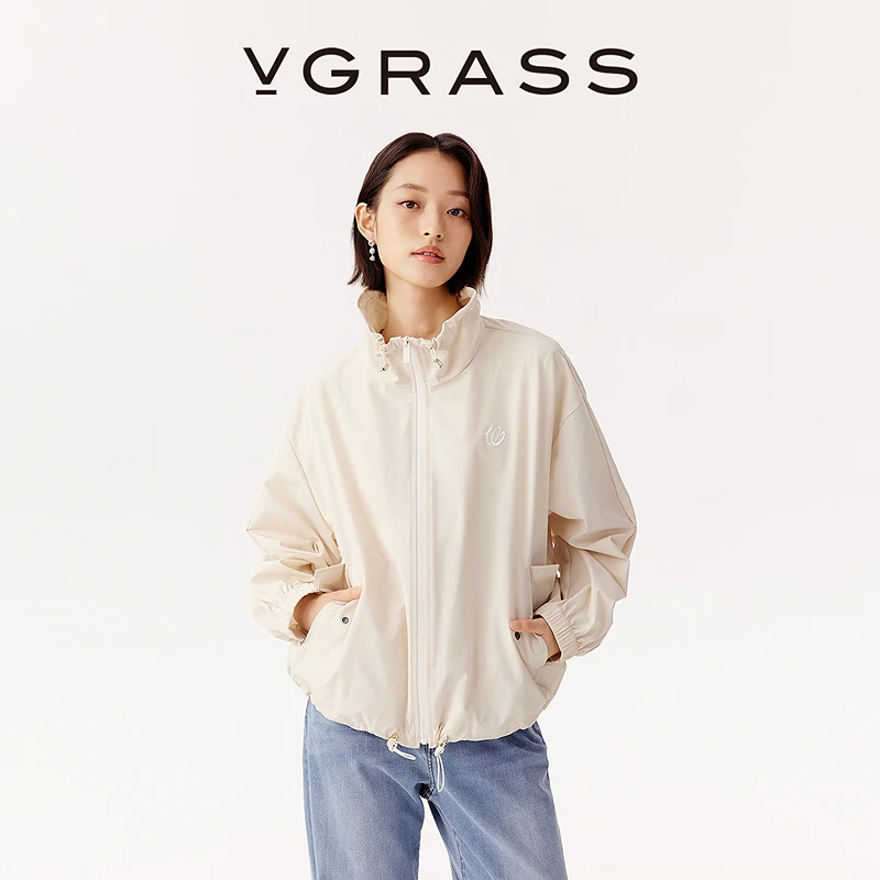 VGRASS25早秋新款轻盈休闲风可调节抽绳立领宽松落肩外套女