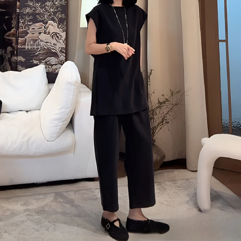 韩系休闲时尚马甲套装女夏开叉无袖宽松上韩系简韩系米色马甲套装