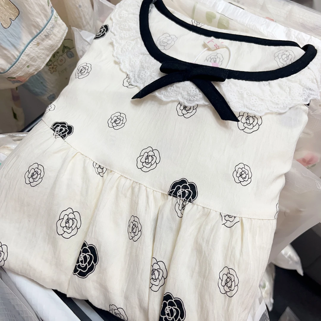 【R538】夏款套头山茶花短袖短裤+长裤三件套+胸垫【套头款】