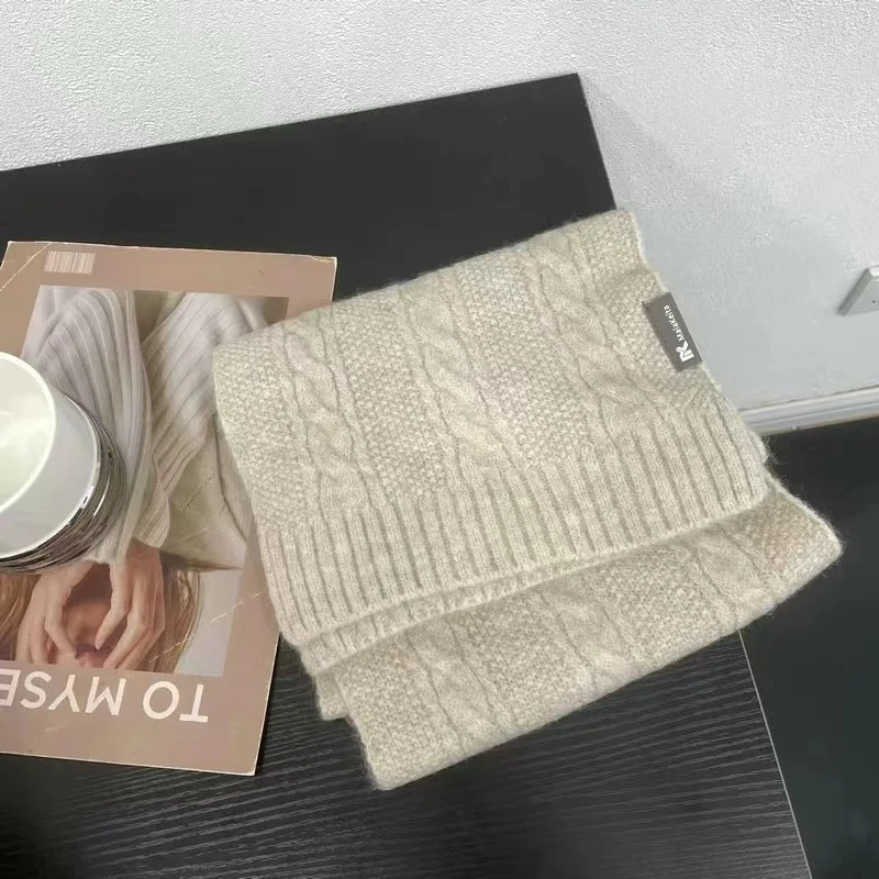 Z16 日系灰色针织麻花围巾冬季加厚米色