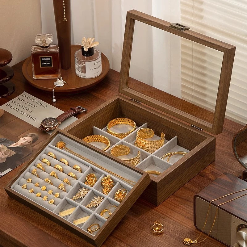 复古木纹首饰盒项链珠宝手镯金饰戒指高档收纳盒双层大容量饰品盒