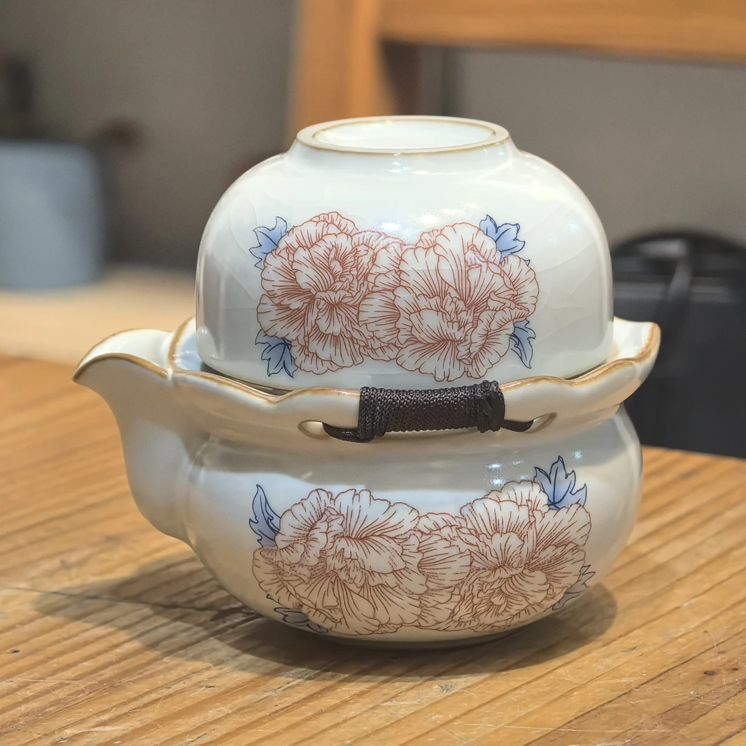 黄汝窑陶瓷快客杯[牡丹花]一壶二杯-744