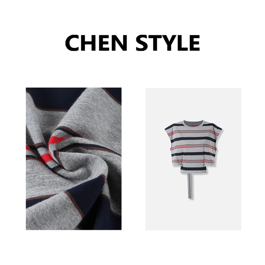 楚楚君~【自由随性】Y95148圆领设计感条纹无袖绑带短袖