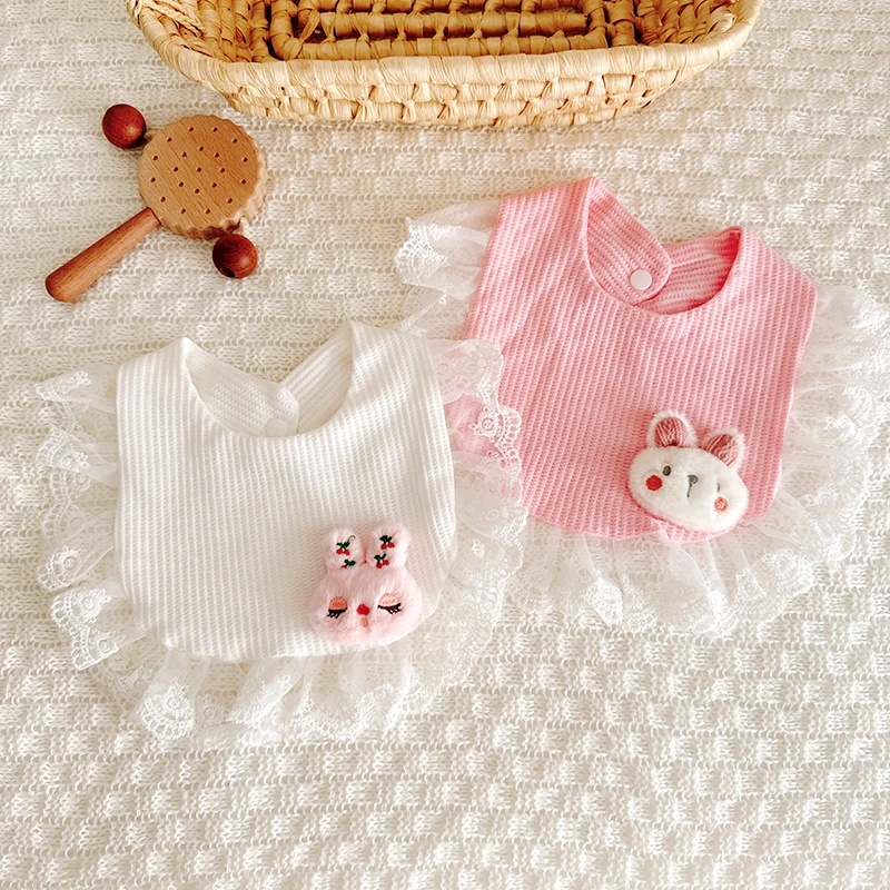 婴儿造型花边口水巾新生儿夏季薄款华夫格围嘴男女宝宝防吐奶围兜