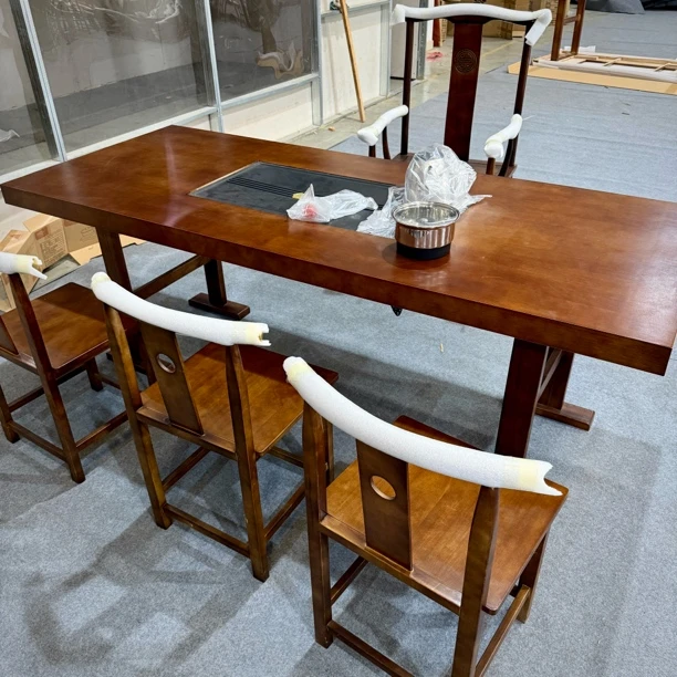 中式实木茶桌一桌四椅带茶壶1.8米～2米