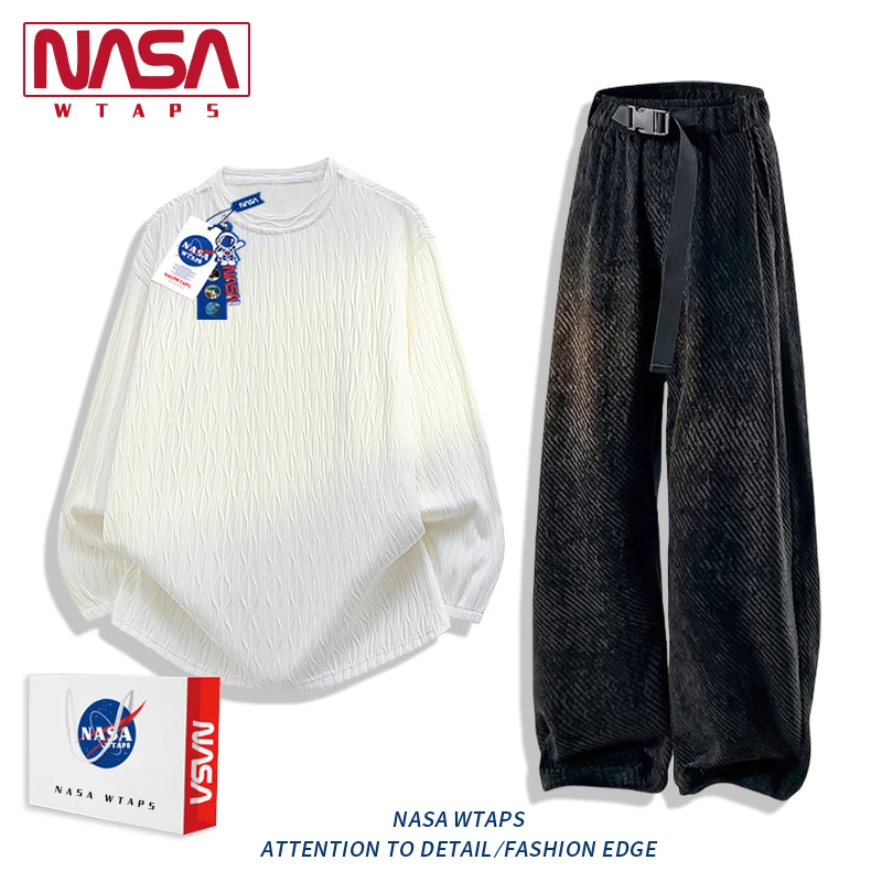 NASA WTAPS老钱风高级感纹理卫衣套装男春秋季宽松休闲男装一整套