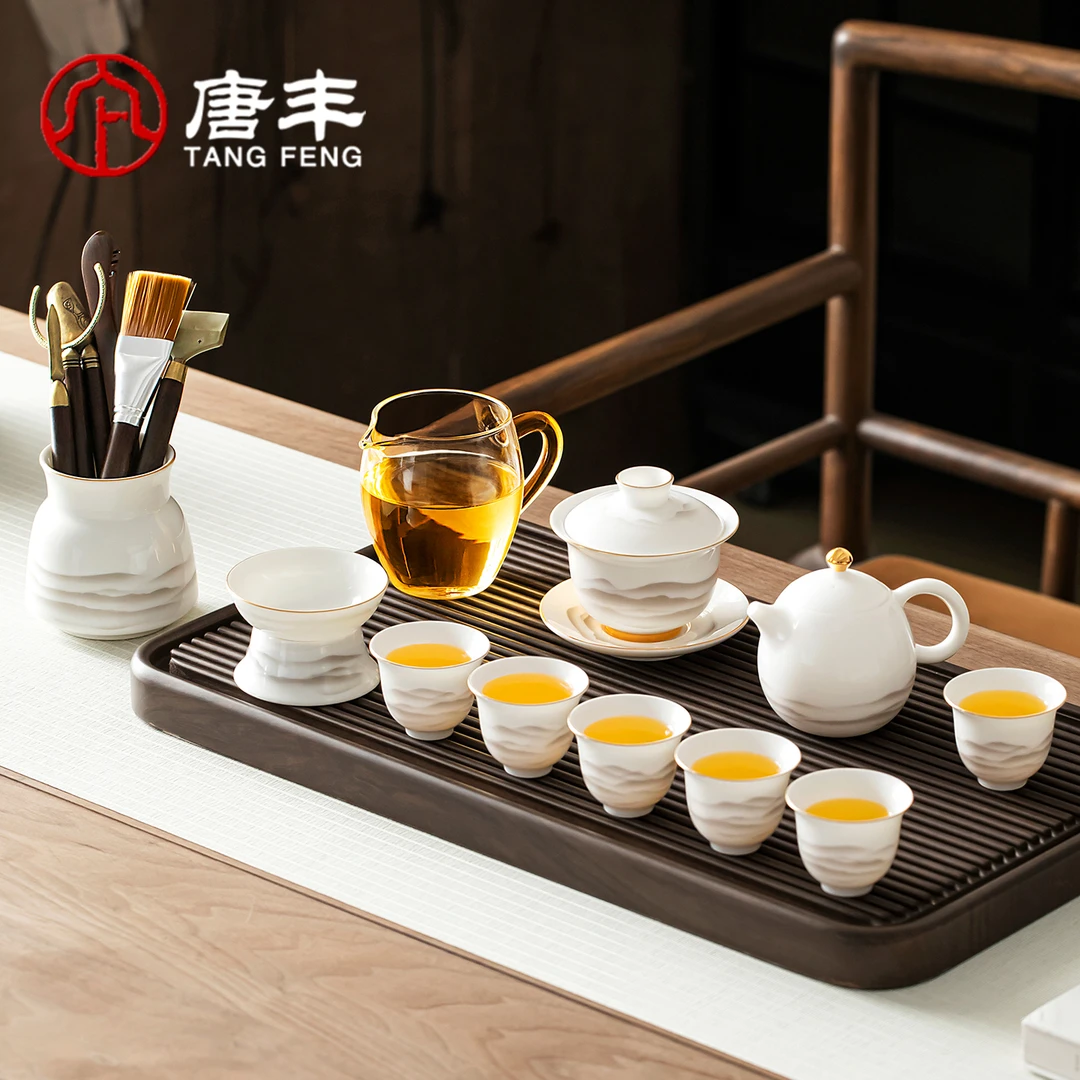 唐丰羊脂玉白瓷水墨功夫茶具套装家用轻奢高档泡茶壶茶杯一套喝茶