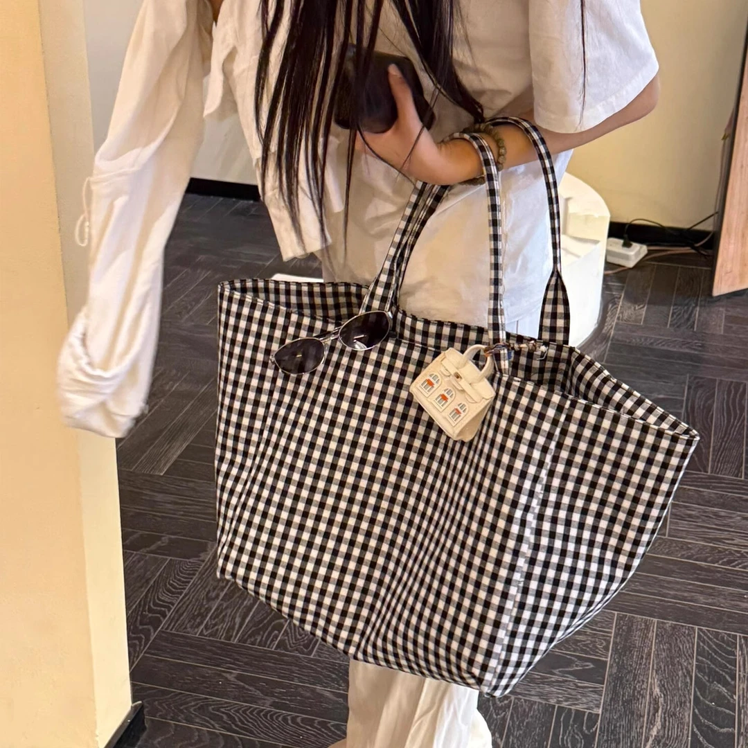 韩版慵懒感通勤上课托特包休闲百搭黑白格子帆布包旅行袋购物袋gh