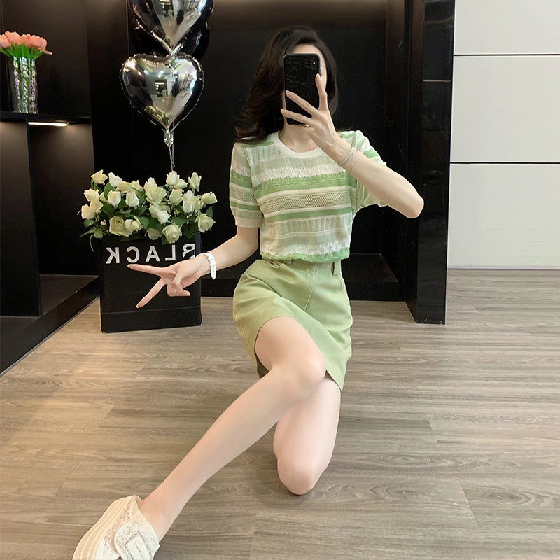网红夏季穿搭休闲女时尚洋气短袖显瘦绿色牛仔套装短裙女装两件套