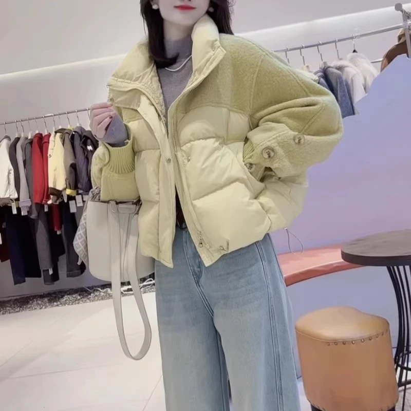 设计感拼接棉服女冬季通勤时尚宽松加厚保暖翻领面包服棉衣短外套