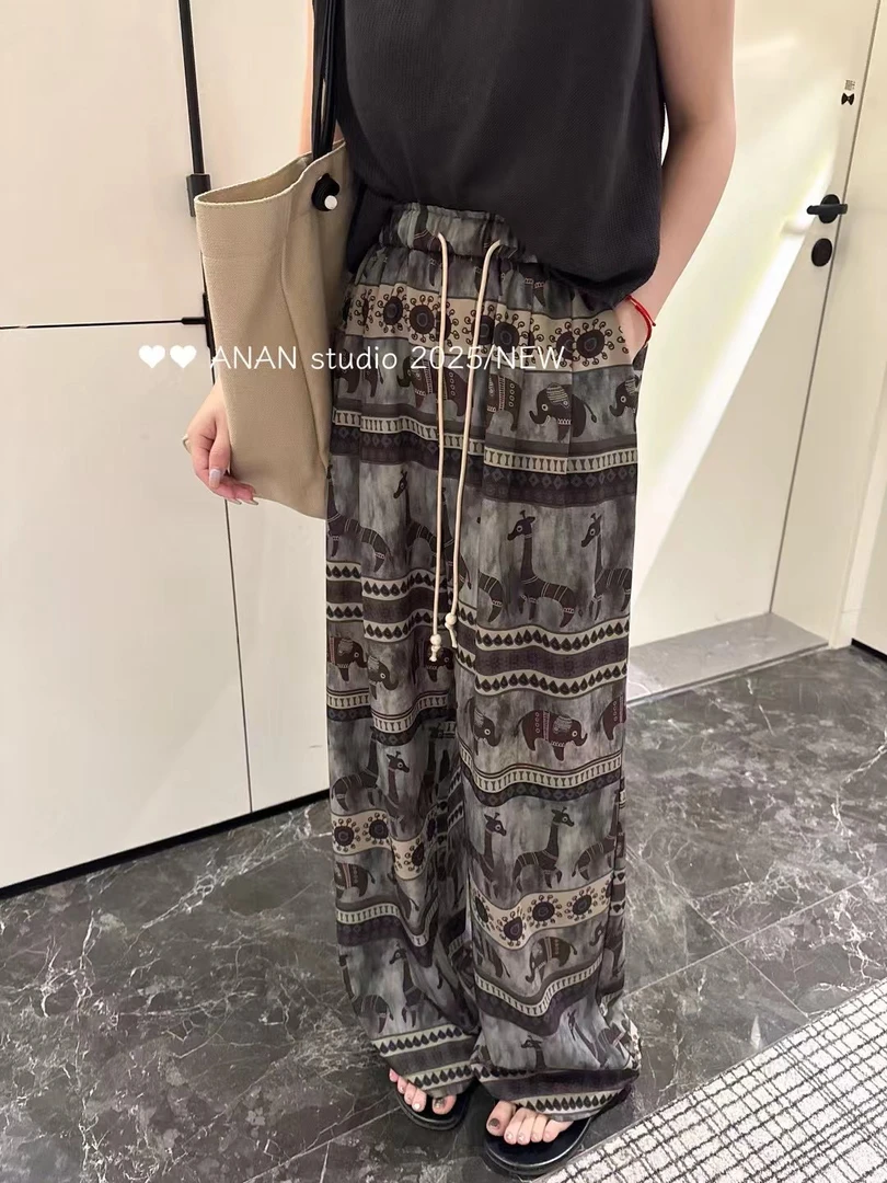 林玲～复古碎花松紧腰直筒显瘦夏季显瘦女阔腿裤