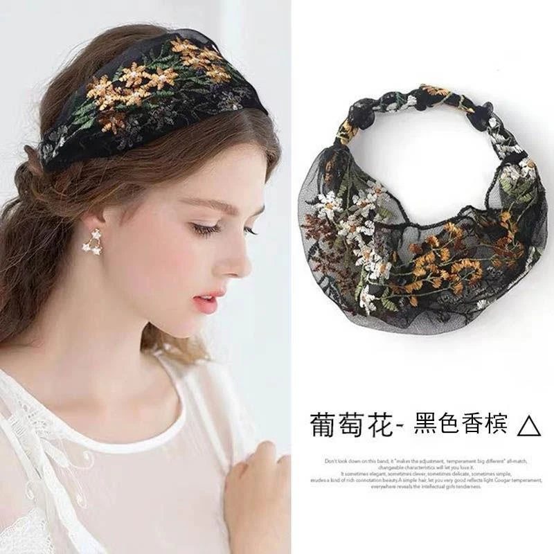 W蕾丝网纱透气花朵发带发饰包头巾头饰宽边遮白发半帽发箍月子外