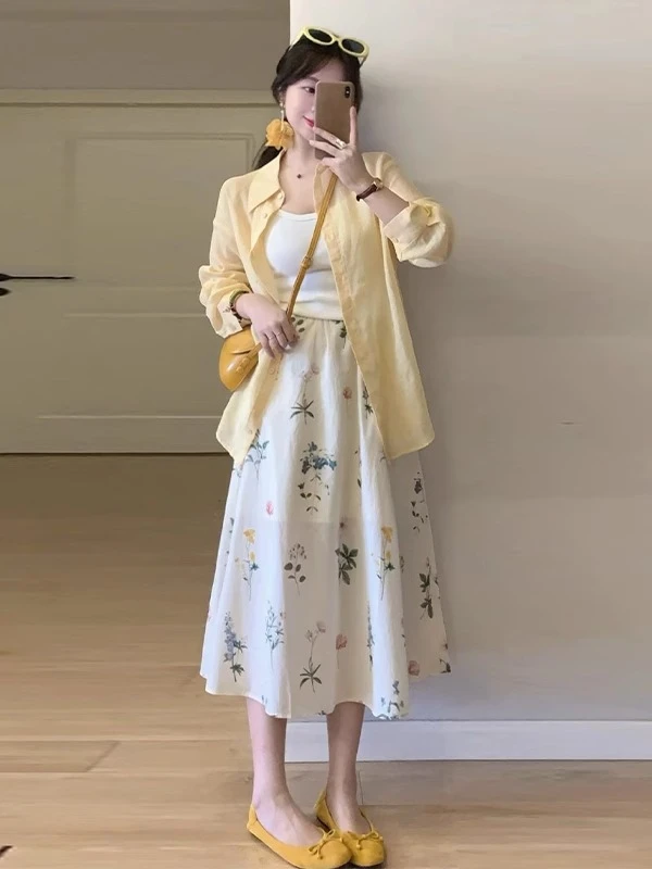 韩里韩气穿搭套装温柔气质独特漂亮黄色长袖衬衫碎花半身裙两件套