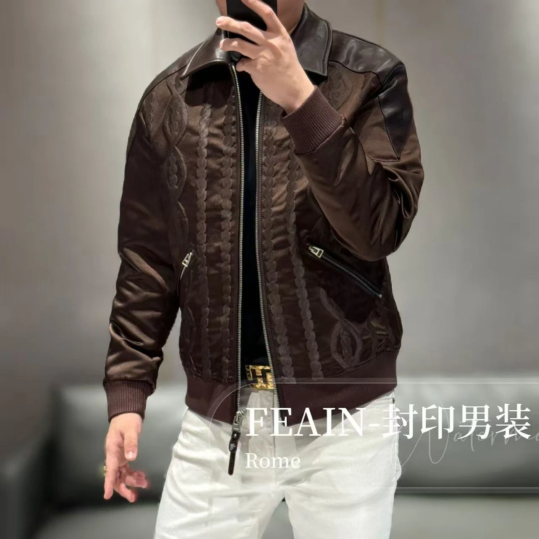 【真皮醋酸】高端男士流体雕塑醋酸纤维真皮拼接夹克8092