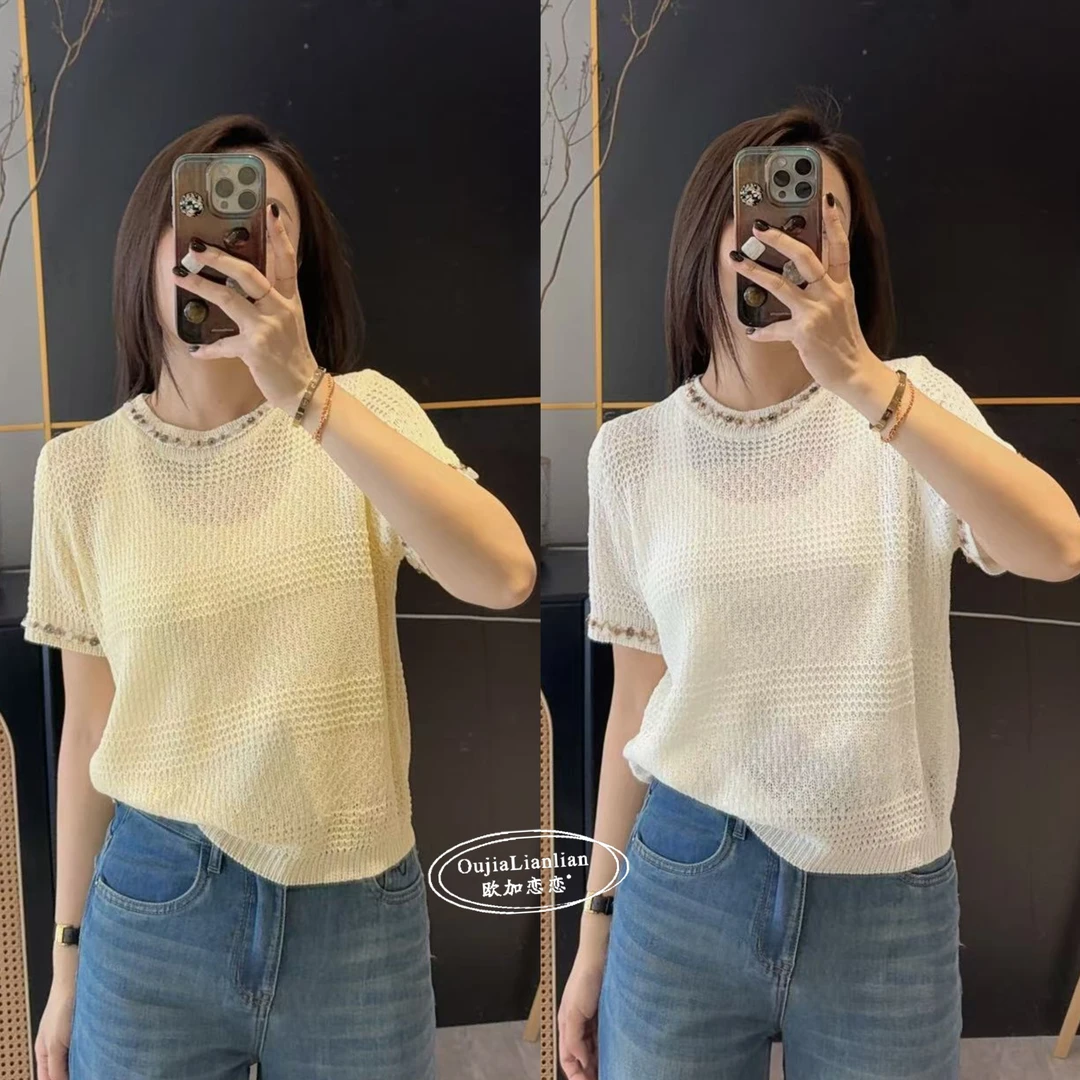【欧加恋恋】夏款时尚百搭韩版圆领领口带钻镂空针织短袖S25040704
