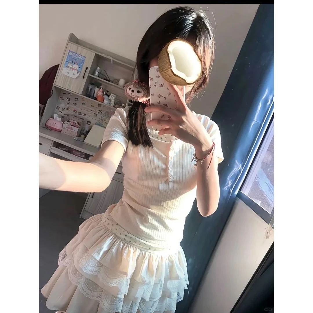 夏季新款甜妹小众设计感蕾丝边修身显瘦+蕾丝半身裙女