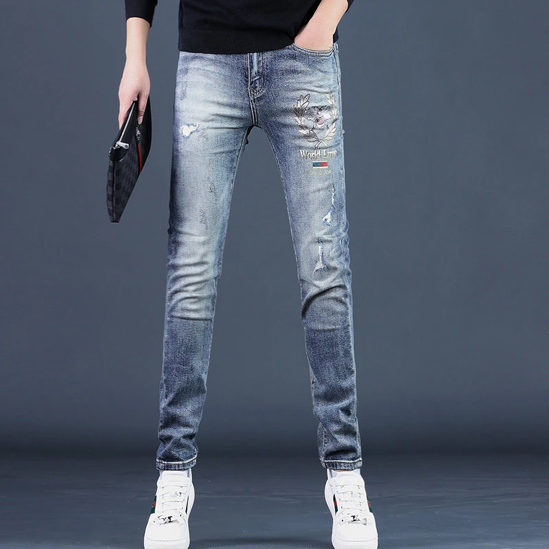 JJ2025秋冬季新款高端蓝色男士牛仔裤印花修身小脚弹力休闲裤子男