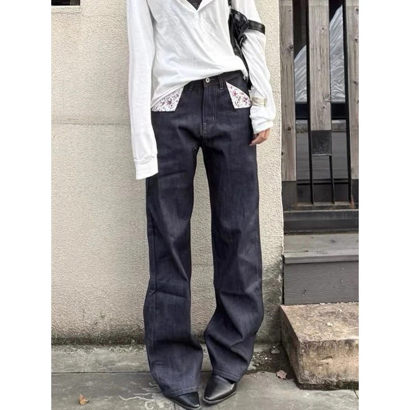 美式复古时尚高街拼接碎花设计牛仔裤男秋季新款宽松显瘦阔腿长裤