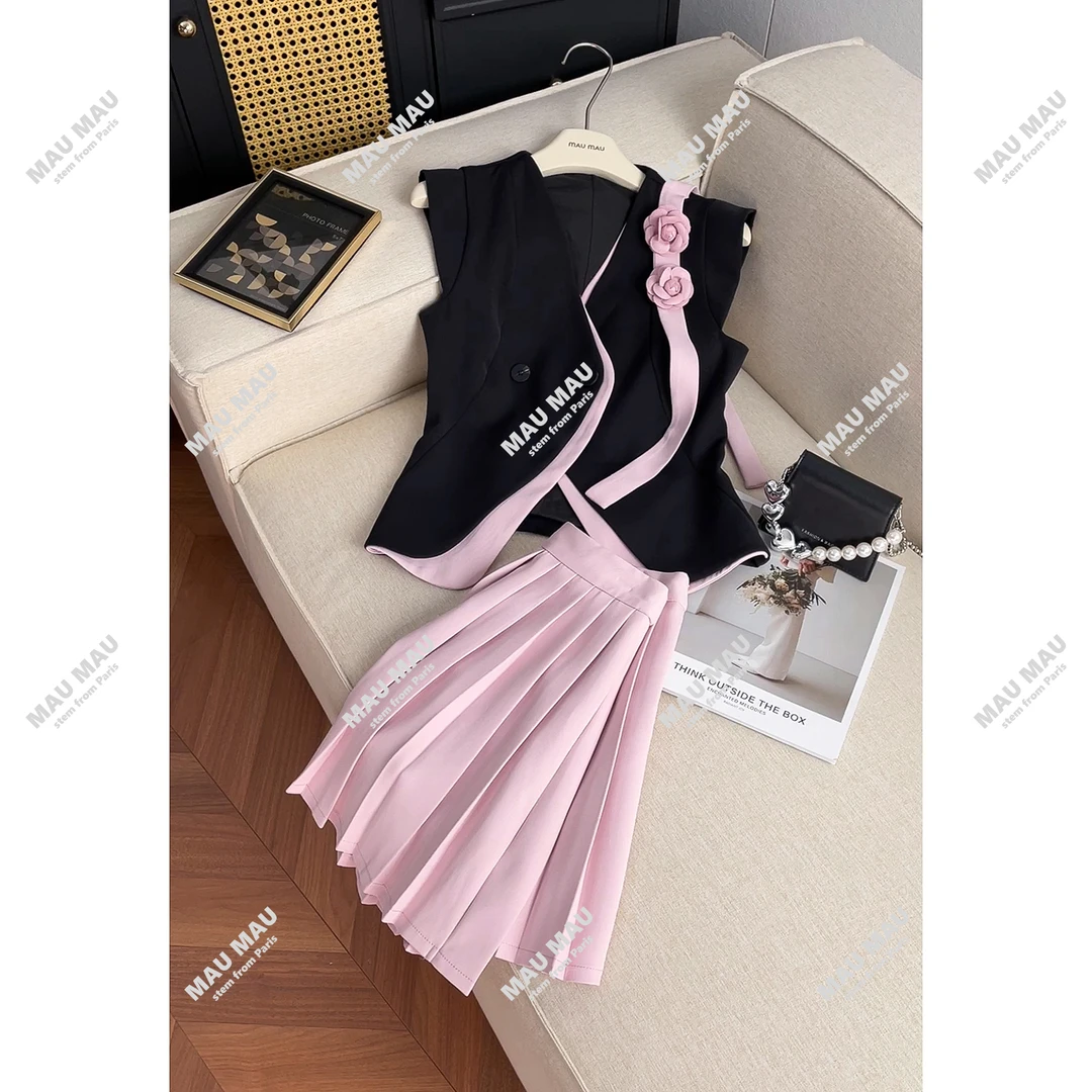 现货夏季新款撞色西装外套百褶裙千金DY6609