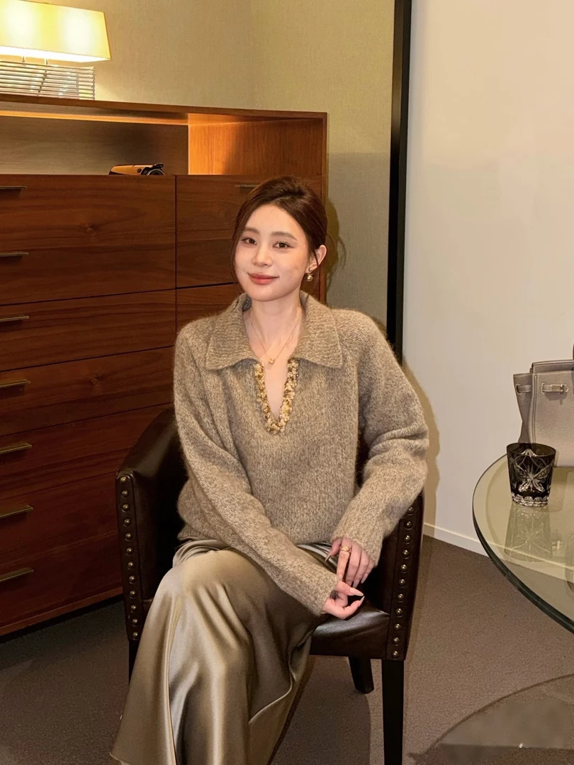 【高奢毛衣】水钻亮片v领意大利进口混纱柔软山羊绒毛衣