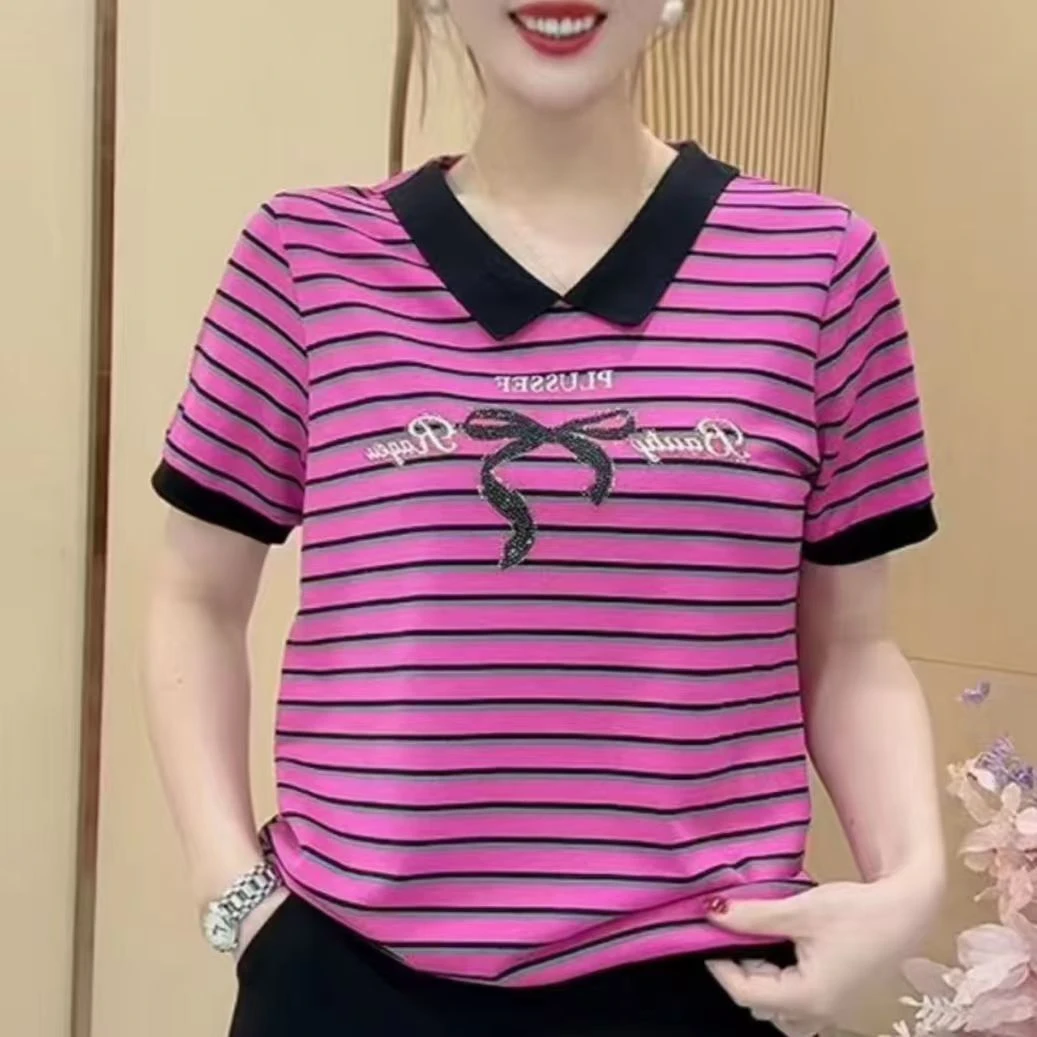 夏季显瘦T恤大码圆领镶钻韩版减龄宽松条纹休闲时尚百搭洋气