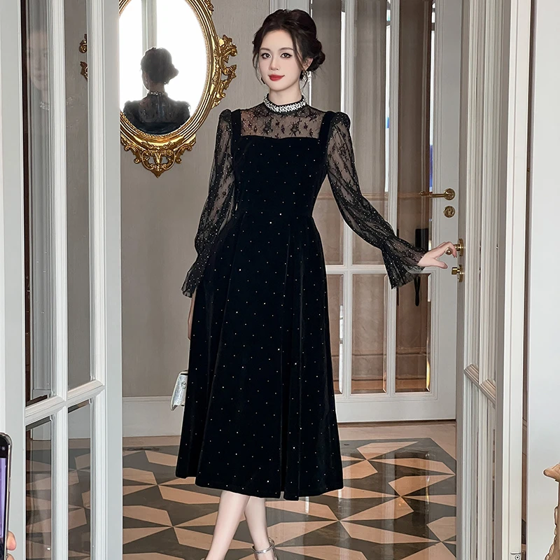 连衣裙法式拼接显瘦生日秋季裙子晚礼服高贵主持人秋冬长款9950