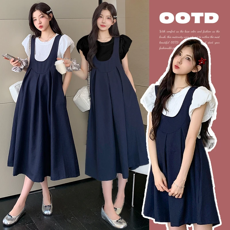 时髦孕妇装新款2025宽松背心裙显瘦小个子网红ol泡泡袖上衣两件套