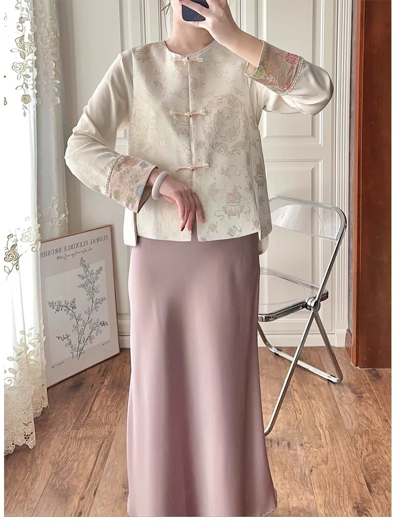 新中式国风女衬衫马甲半身裙套装开春超火