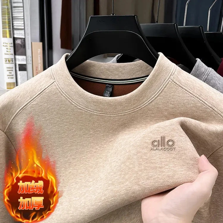 秋冬季新款加绒卫衣男圆领休闲保暖上衣男装潮流双面绒打底衫